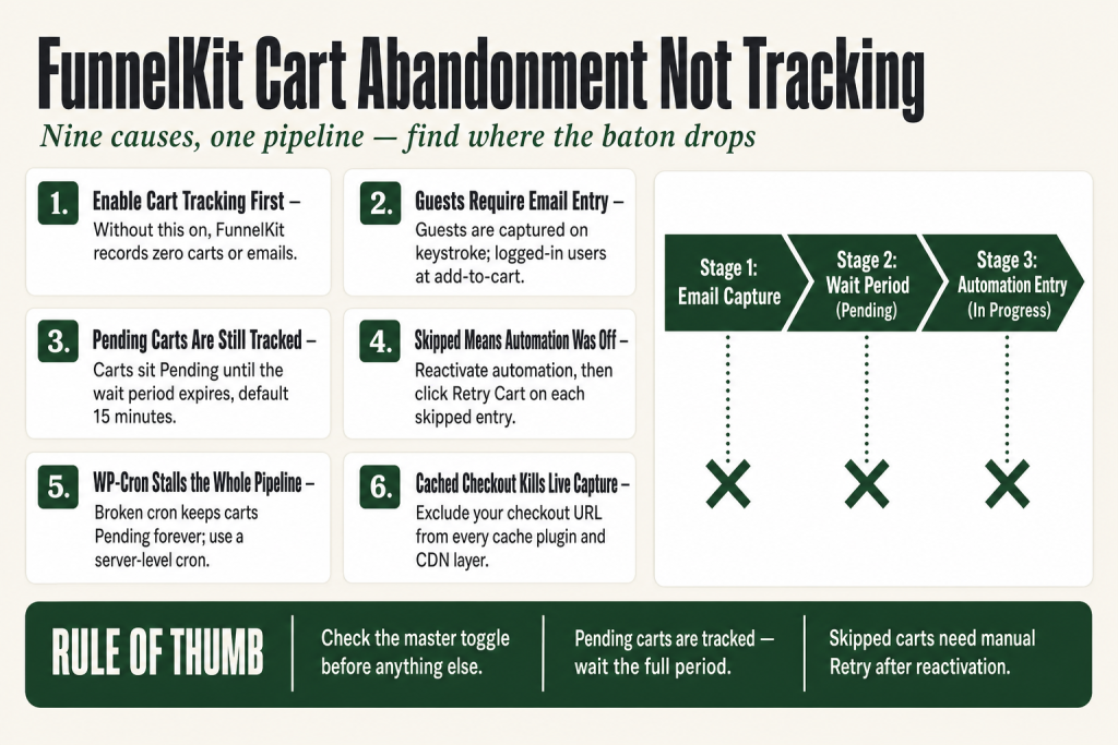 FunnelKit cart abandonment not tracking: Recoverable Carts list showing Pending, In Progress, and Skipped cart status entries