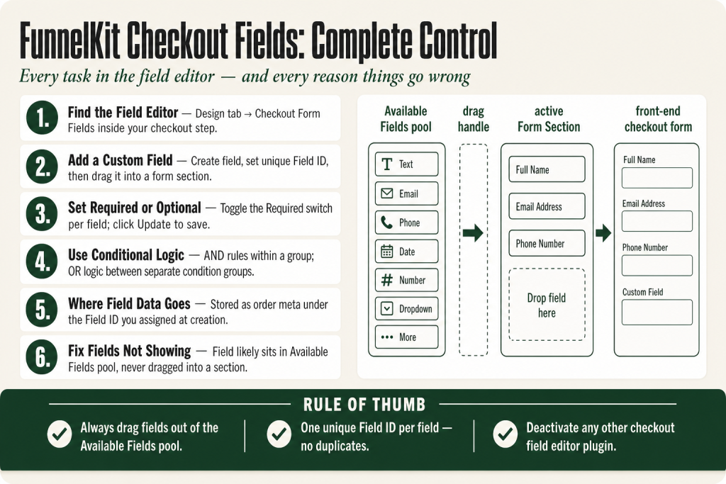 FunnelKit checkout fields editor showing billing fields, a custom radio field, and drag-and-drop reordering handles in the Design tab