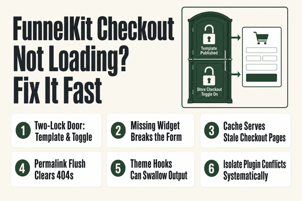 FunnelKit checkout not loading: Store Checkout dashboard showing the activation toggle and checkout funnel steps