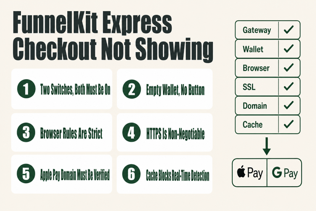 FunnelKit express checkout not showing — Apple Pay and Google Pay buttons missing from a WooCommerce checkout page, with a troubleshooting checklist overlay