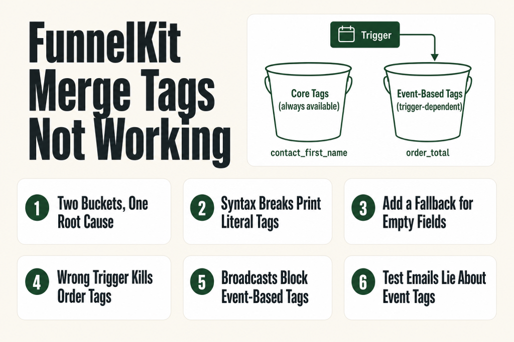 FunnelKit merge tags not working: FunnelKit Automations email editor with the merge tag picker open, showing contact and order tags available for an Order Created trigger