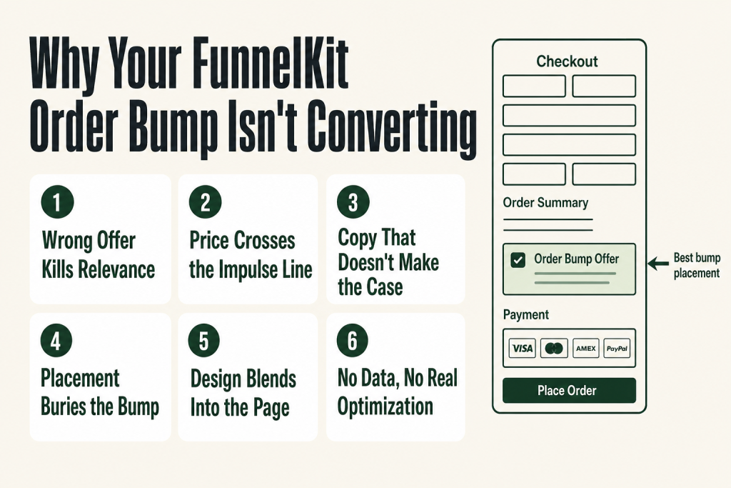 FunnelKit order bump not converting — bump shown above payment gateways on a WooCommerce checkout page with conversion analytics visible in the background