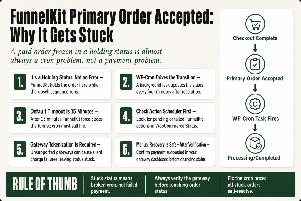 WooCommerce order list showing funnelkit primary order accepted status stuck in the orders screen