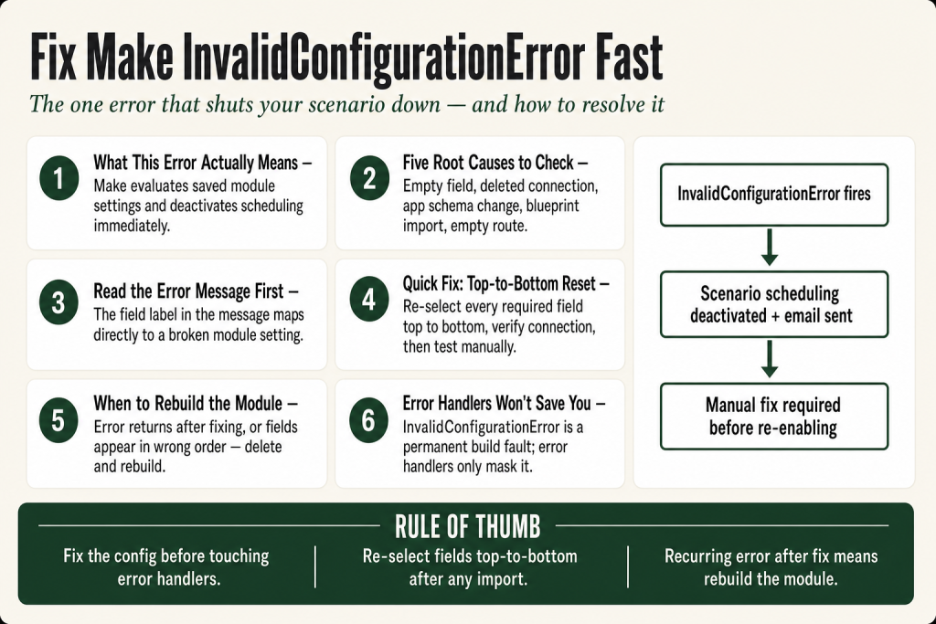 Make scenario editor showing a module with the caution triangle alert icon indicating a make invalidconfigurationerror on a misconfigured module setting