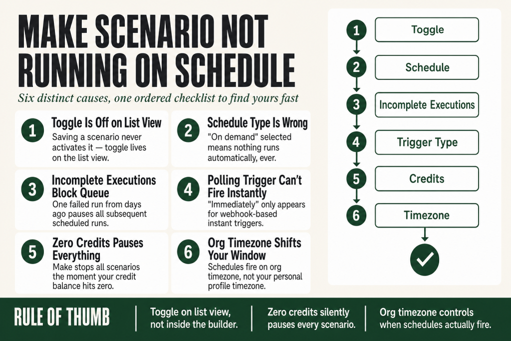 Make.com scenario builder showing the schedule settings clock icon, the active toggle on the scenarios list, and the Incomplete Executions tab — the three most common places to diagnose a make scenario not running on schedule