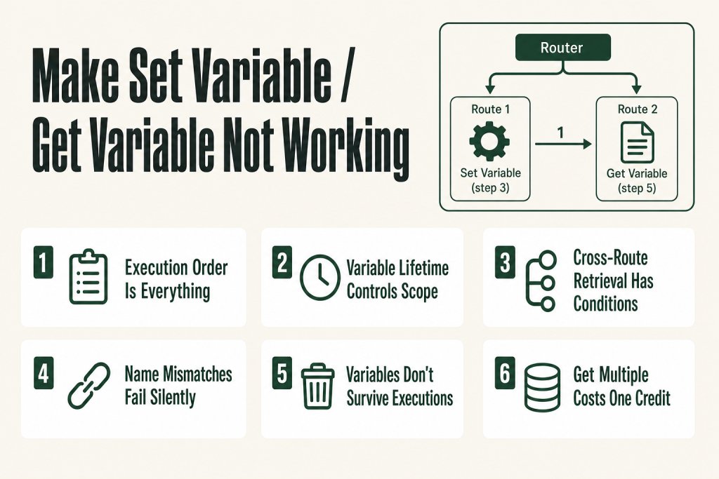 Make.com scenario canvas showing make set variable get variable not working — a Set Variable module on Route 1 and a Get Variable module on Route 2, with the execution history panel open confirming the correct module run order