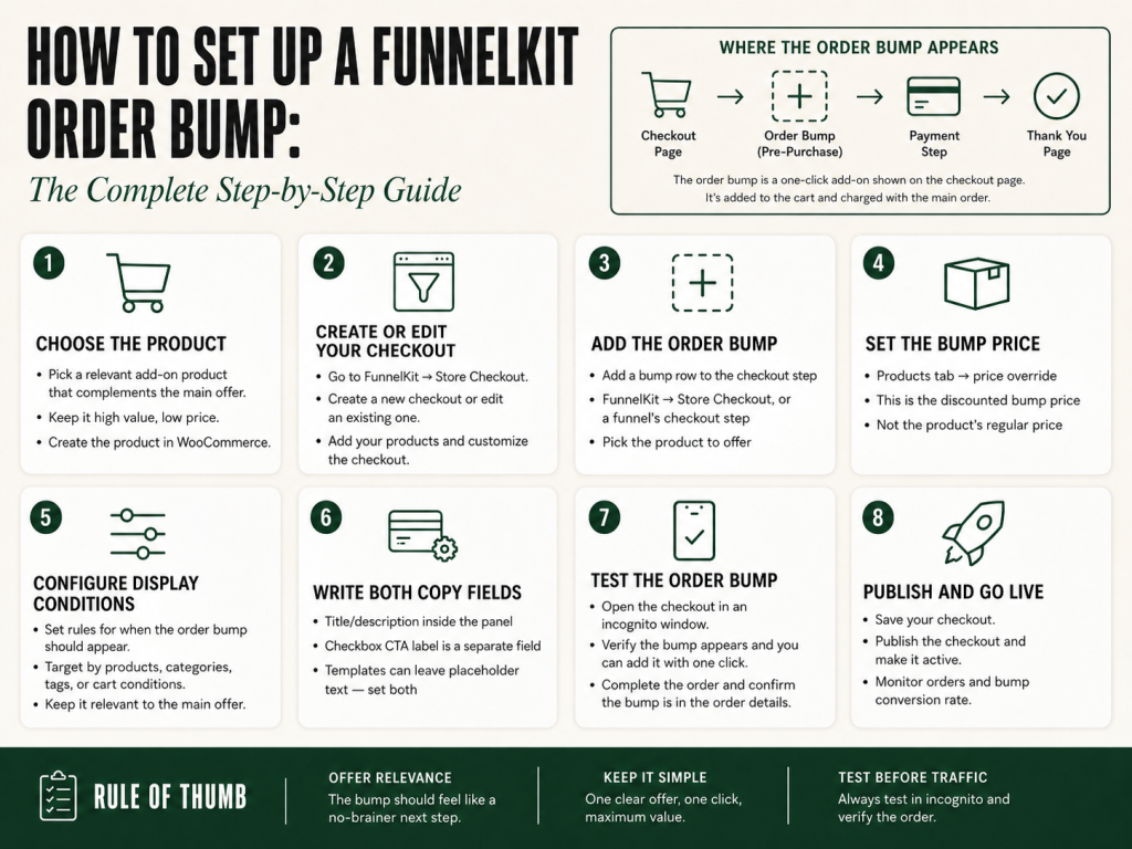 How to set up a FunnelKit order bump — step-by-step infographic of the complete setup process