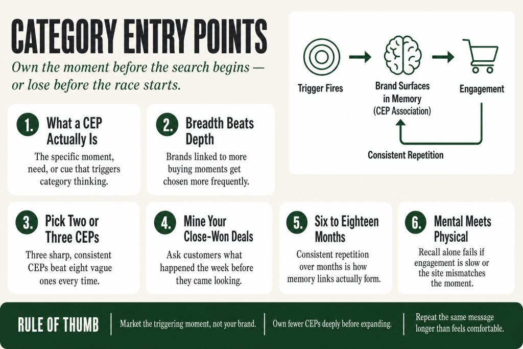 Diagram showing how category entry points connect buying situations to brand recall, operator's guide to owning the moments that trigger category buying