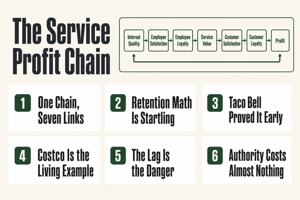 Diagram of the service profit chain showing the causal links from internal service quality through employee satisfaction and loyalty to customer retention and business profit
