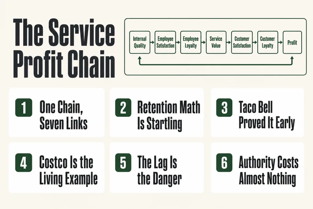 Diagram of the service profit chain showing the causal links from internal service quality through employee satisfaction and loyalty to customer retention and business profit