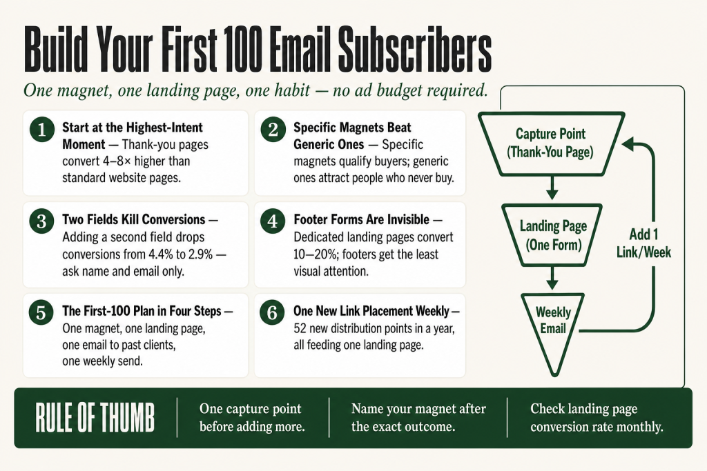 A solo service business owner reviewing how to build an email list from scratch on a laptop, with a simple email signup landing page and a short checklist lead magnet visible on screen