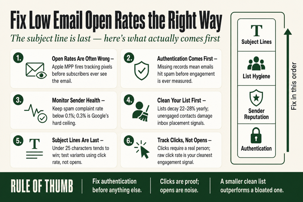 Low email open rates dashboard: solo operator reviewing click rate, spam complaint rate, and compliance status side by side