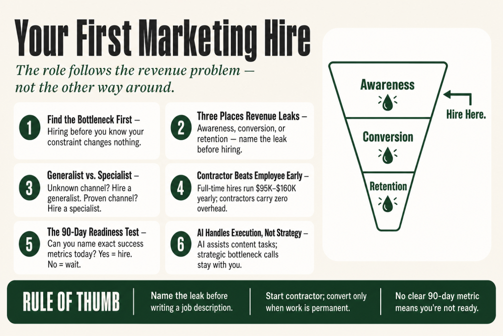 Small business owner reviewing a whiteboard with three columns labeled Awareness, Conversion, and Retention, deciding on the first marketing hire for small business role to fill the biggest revenue gap