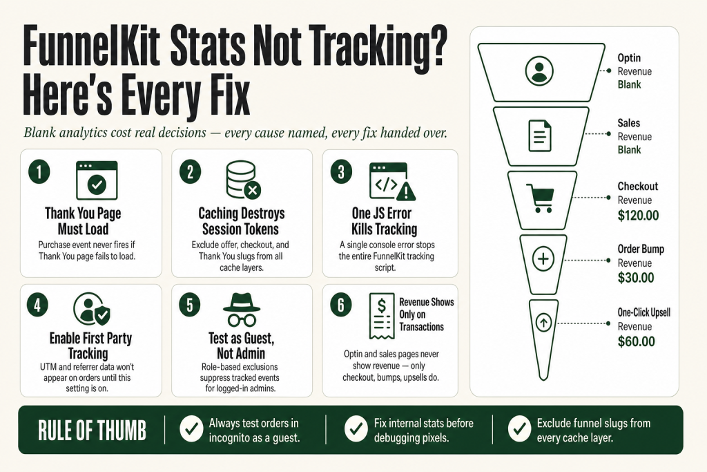 FunnelKit stats not tracking: analytics dashboard showing conversion and revenue data broken down by funnel step including checkout, order bump, and upsell