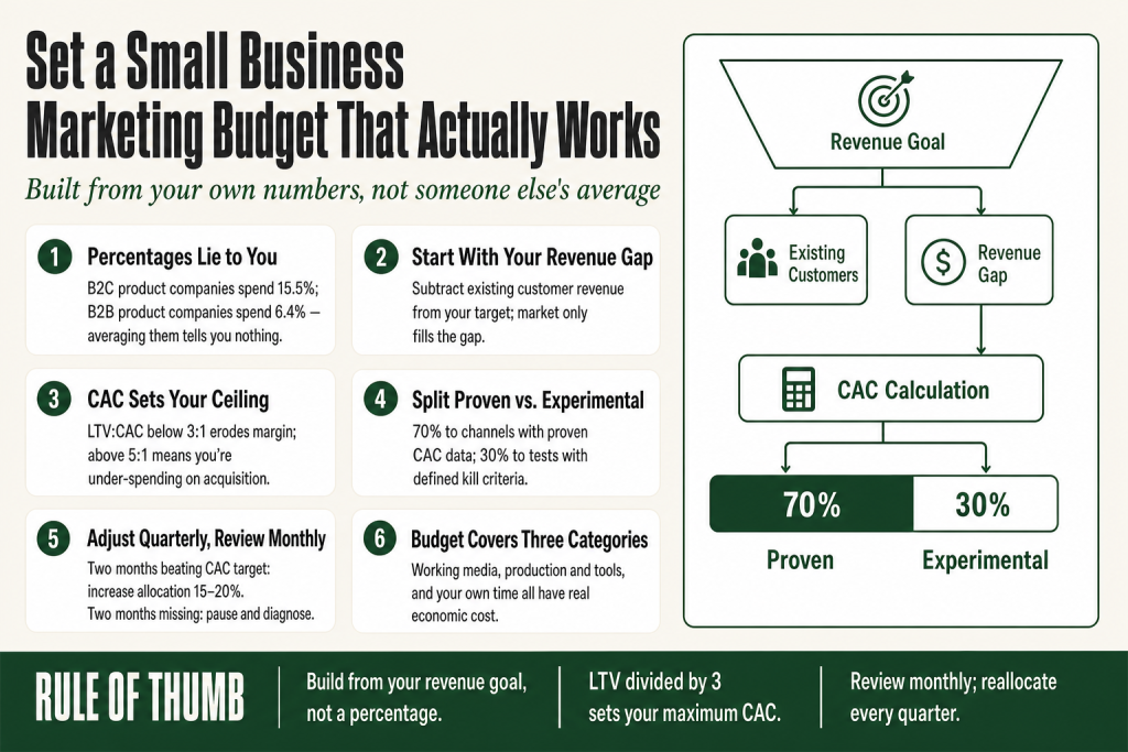 Whiteboard showing how to set a marketing budget for small business: revenue goal, CAC ceiling, and 70/30 channel split