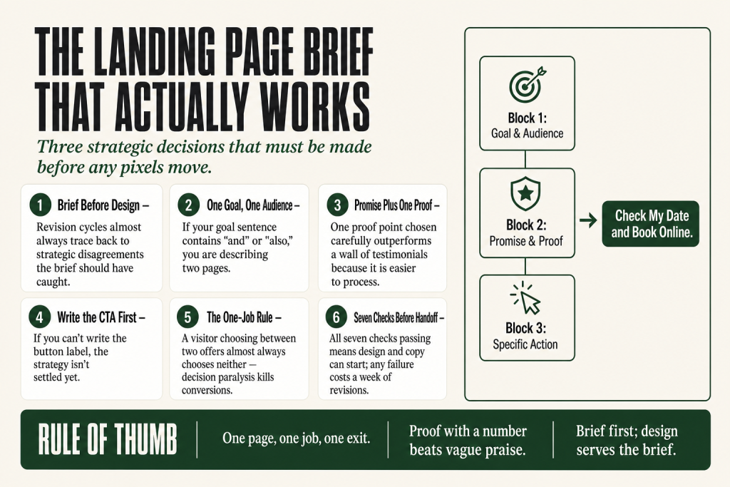 Printed landing page brief template with three labeled blocks for goal, promise, and CTA, next to a laptop open to a simple landing page layout