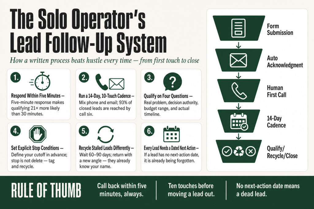 Solo operator at a desk reviewing a lead follow up process checklist on a laptop with a CRM pipeline visible on the screen