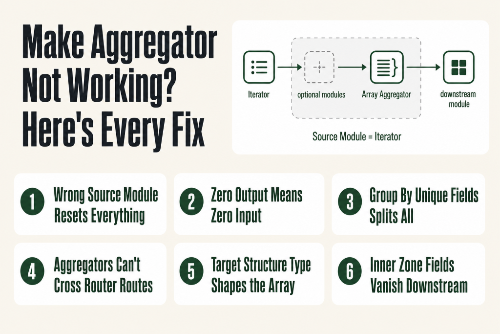 Make aggregator not working: scenario editor showing an array aggregator with the grey aggregation boundary, source module selector, and Group By field highlighted