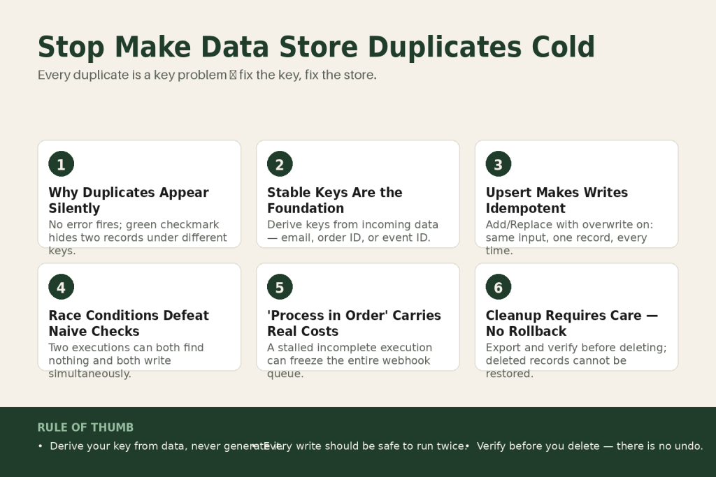 Make data store duplicate records: Make scenario builder showing a Router after a Get a Record module, branching into an Update path for existing records and an Add/Replace path for new records