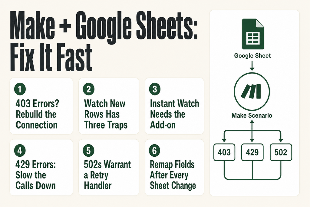 Make scenario editor showing a Google Sheets Watch New Rows module with a 403 connection error highlighted in the module configuration panel, illustrating a common make google sheets not working symptom