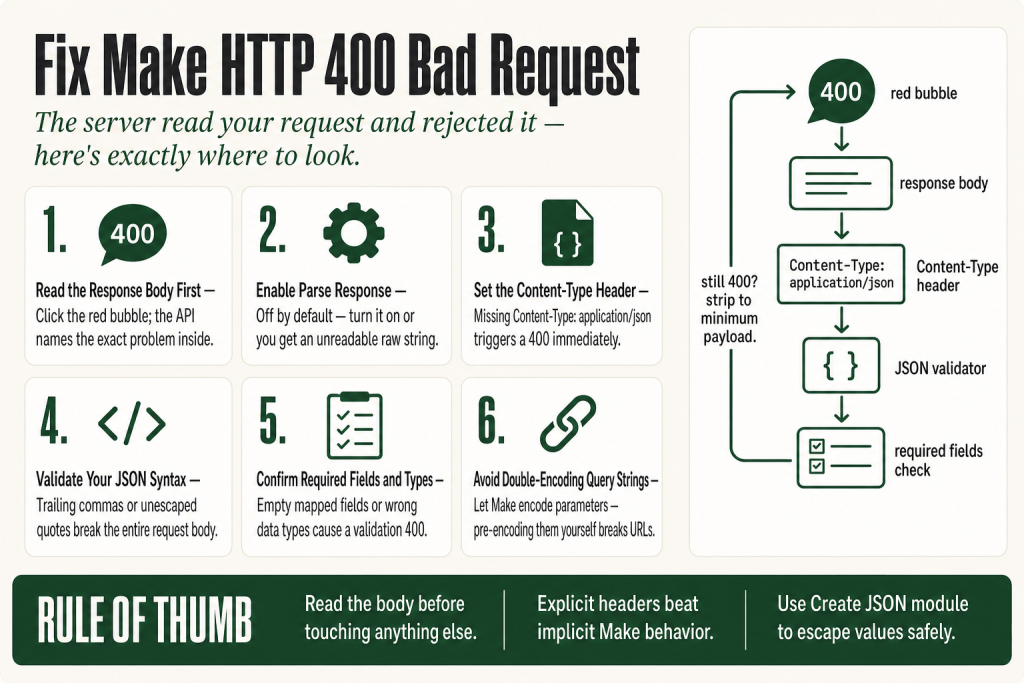 Make scenario canvas showing a make http 400 bad request error: red bubble on an HTTP module with the output panel open, displaying a 400 status code and JSON error message in the body field