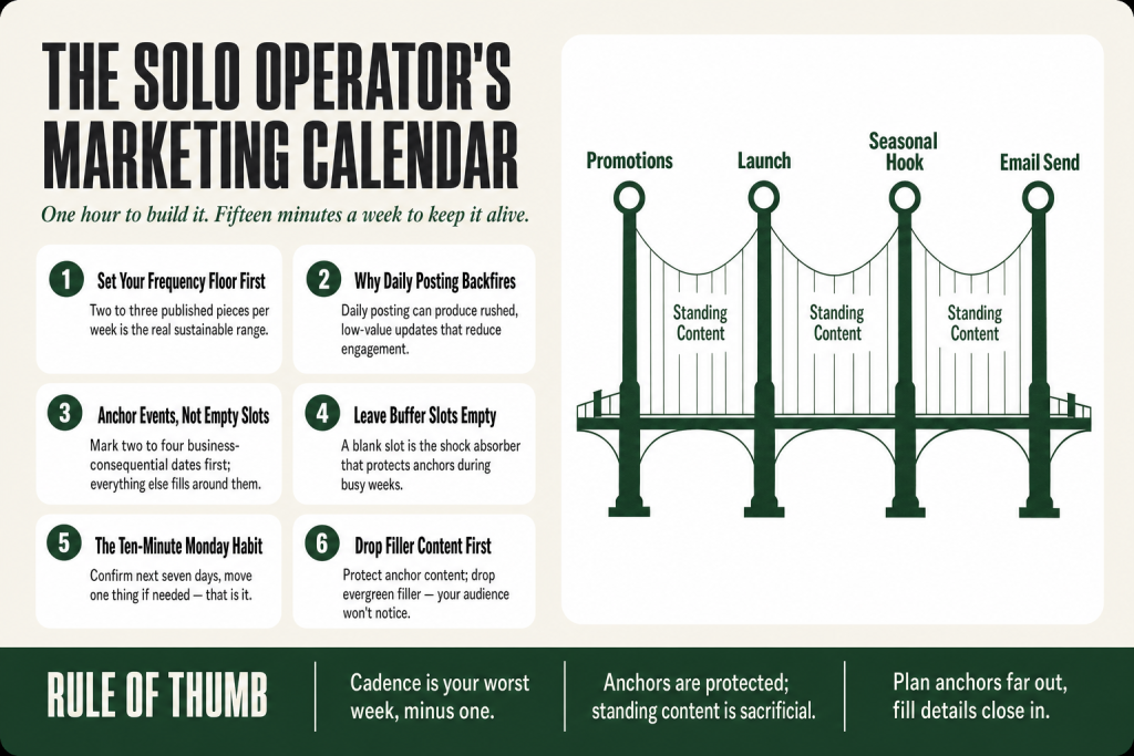 A simple one-month marketing calendar for small business with anchor events highlighted and buffer slots left intentionally blank