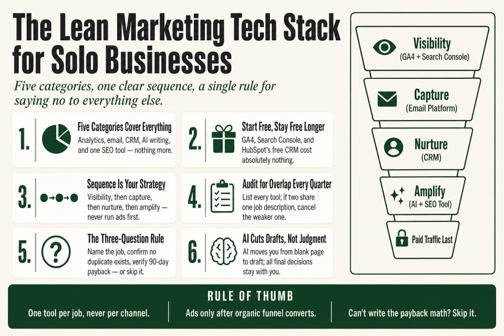 A whiteboard showing a five-layer marketing tech stack for small business with arrows connecting website analytics, email, CRM, AI writing, and SEO tool categories