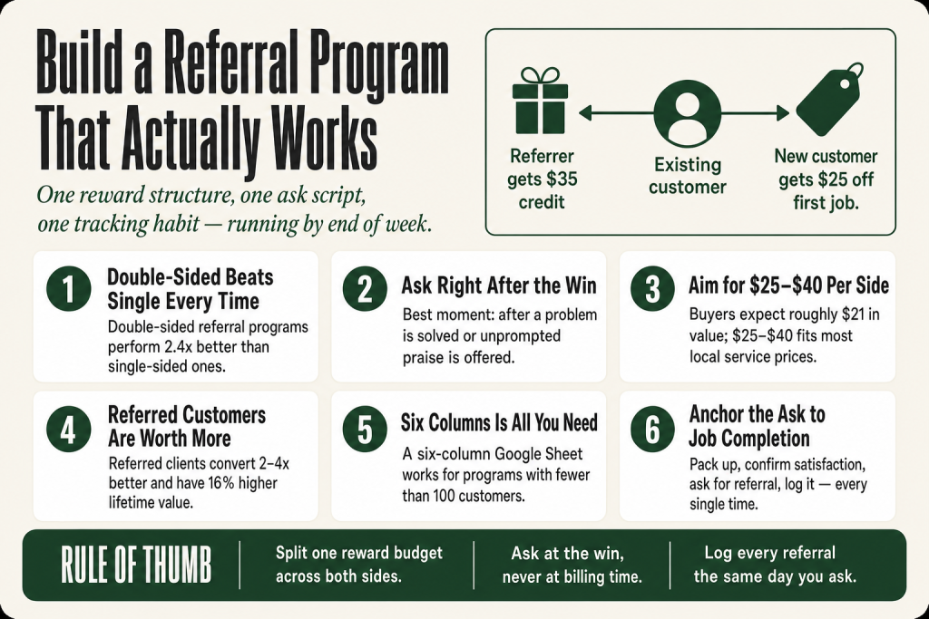 Solo service operator handing a referral card to a satisfied customer after completing a home cleaning job, referral program for service business