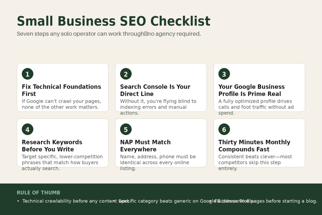 Solo operator reviewing a small business SEO checklist on a laptop next to a Google Search Console dashboard showing page performance data