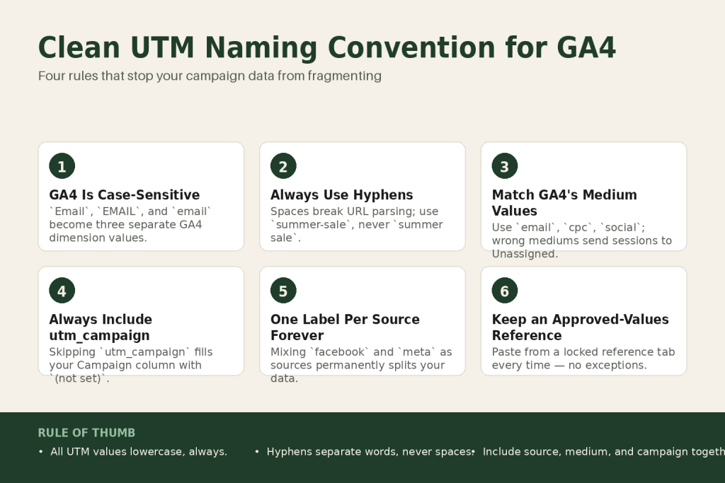 UTM naming convention reference showing lowercase source, medium, and campaign values in a simple three-column table