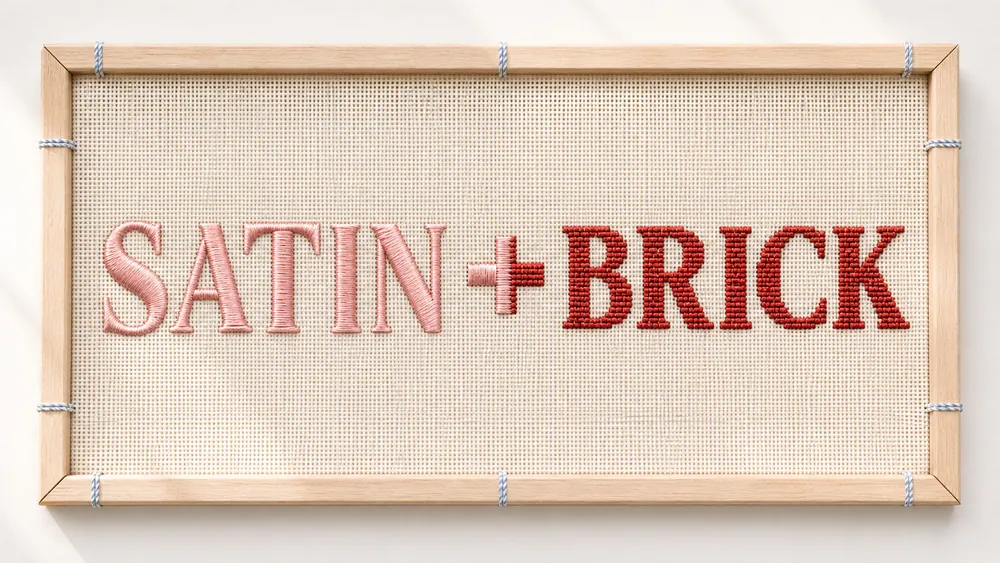 Satin + Brick — the brand name worked in needlepoint: 'Satin' in pink satin stitch, 'Brick' in red brick stitch, on canvas in a wooden frame.