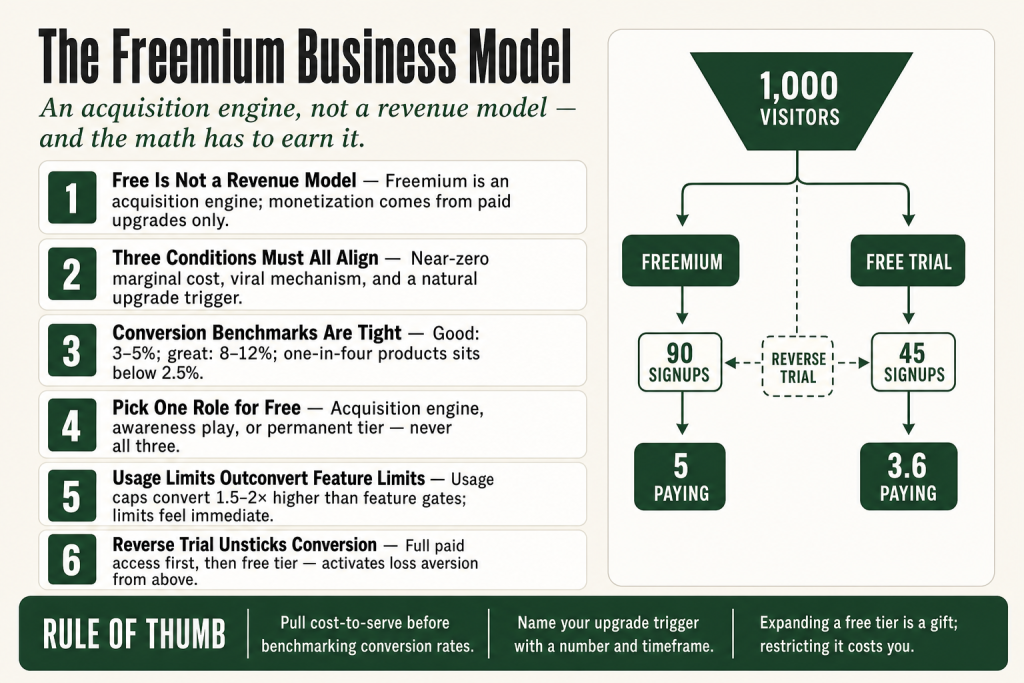 Diagram showing the freemium business model funnel from free users to paid subscribers, with upgrade trigger and cost-to-serve markers