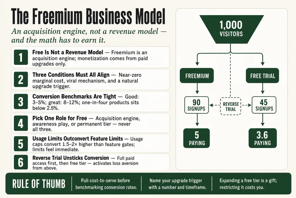 Diagram showing the freemium business model funnel from free users to paid subscribers, with upgrade trigger and cost-to-serve markers
