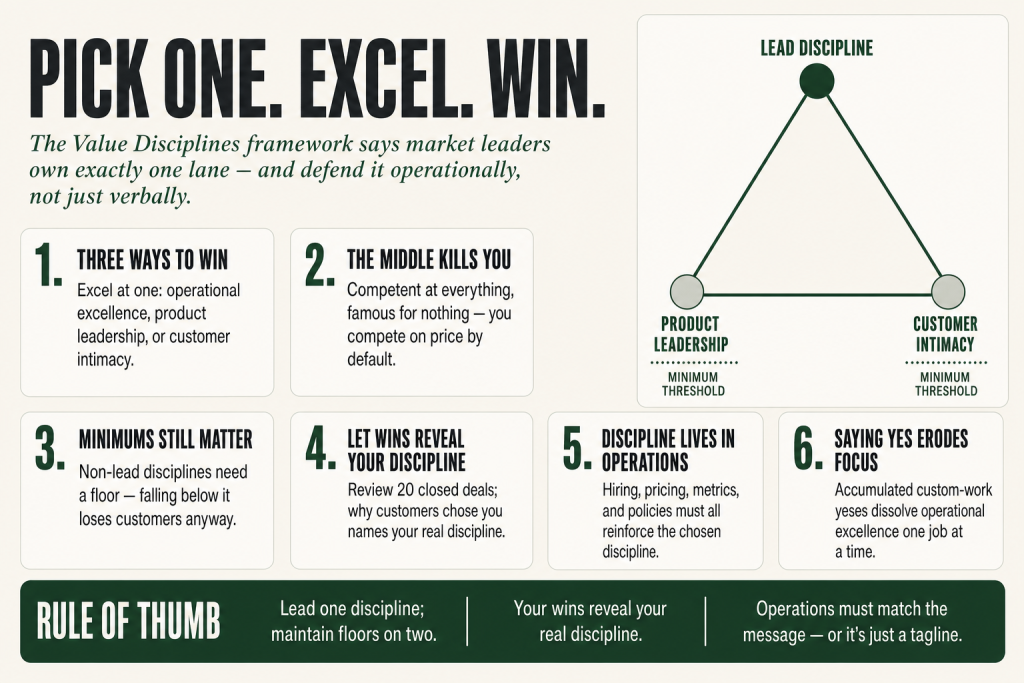 Diagram showing the three value disciplines, operational excellence, product leadership, and customer intimacy, as three strategic lanes a business must choose between to compete effectively