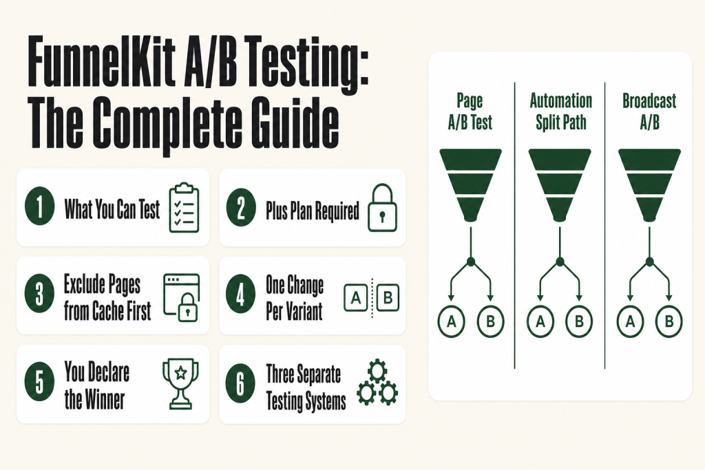 FunnelKit A/B testing screen showing two checkout page variants with traffic split percentages and analytics panel