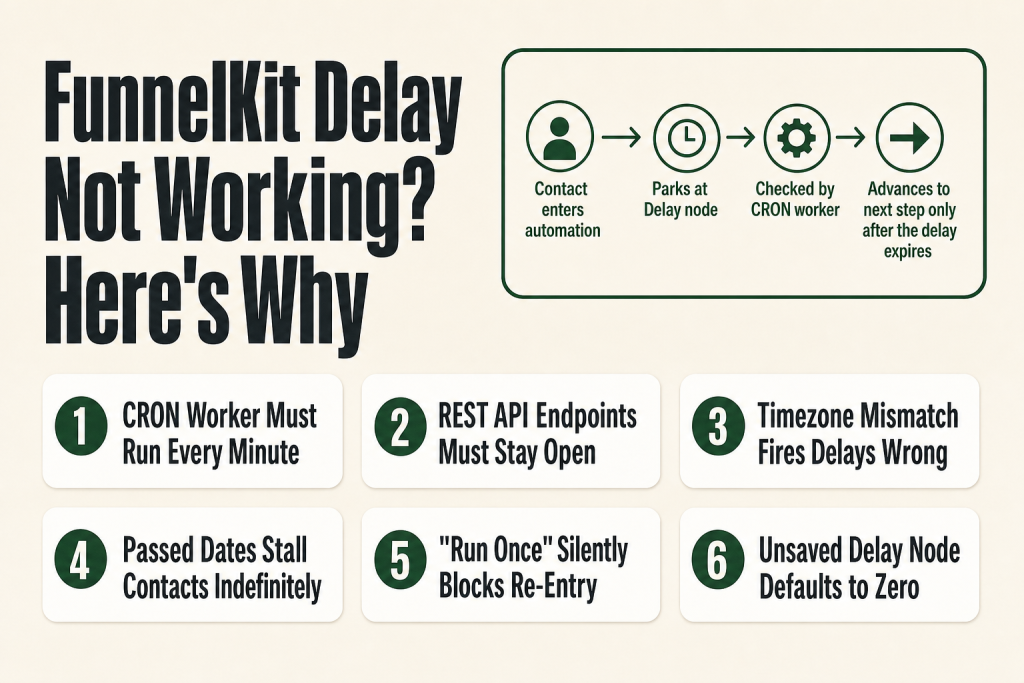 FunnelKit delay not working: FunnelKit Automations delay node configuration panel showing delay type options with contacts stuck in the Active tab