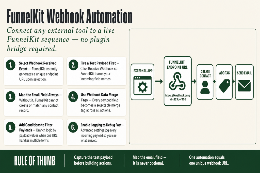 FunnelKit webhook automation: Automations canvas showing the Webhook Received trigger with a generated endpoint URL and payload field mapping panel open