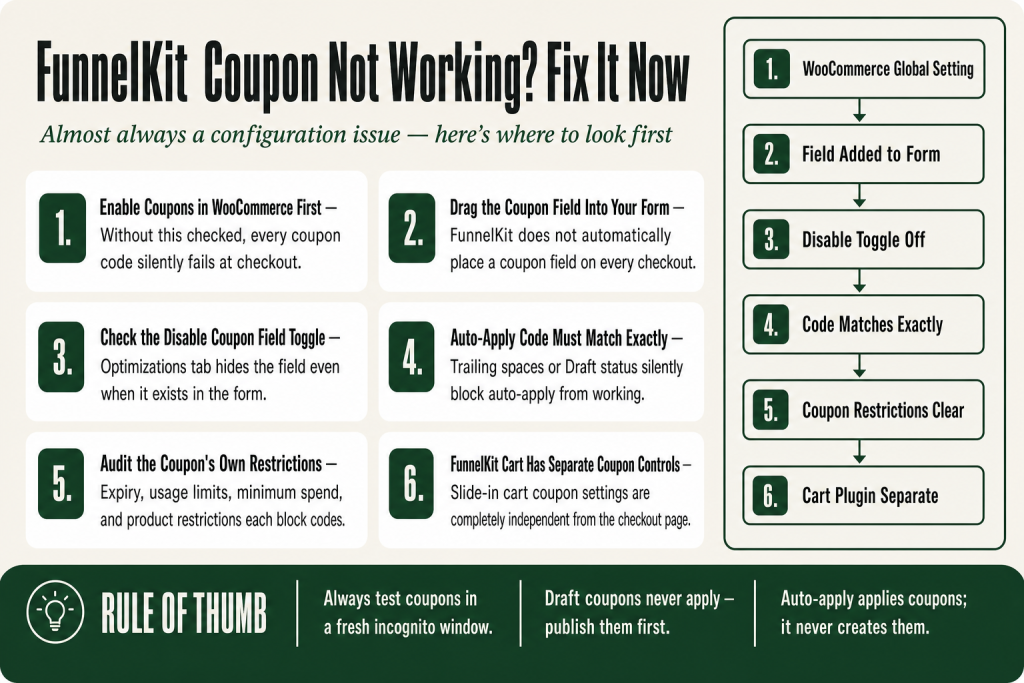 FunnelKit coupon not applying: checkout form editor showing the coupon field being dragged into the Checkout Form Fields section