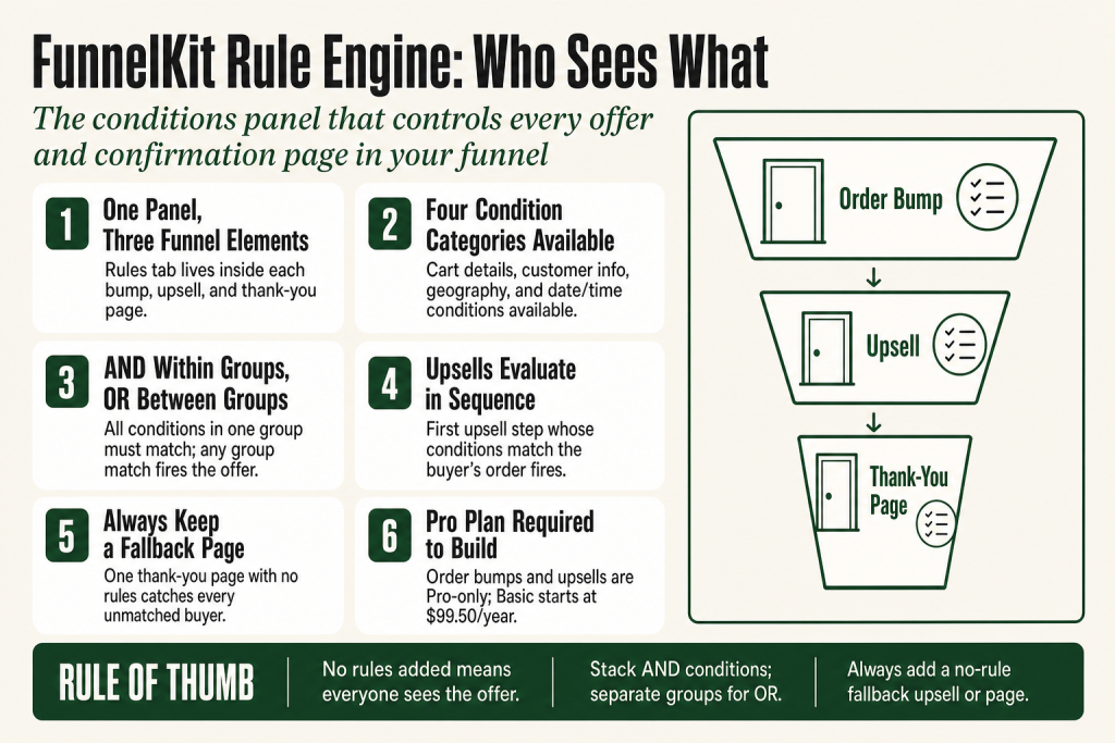FunnelKit rule engine conditions panel showing cart total and product category rules on an order bump step