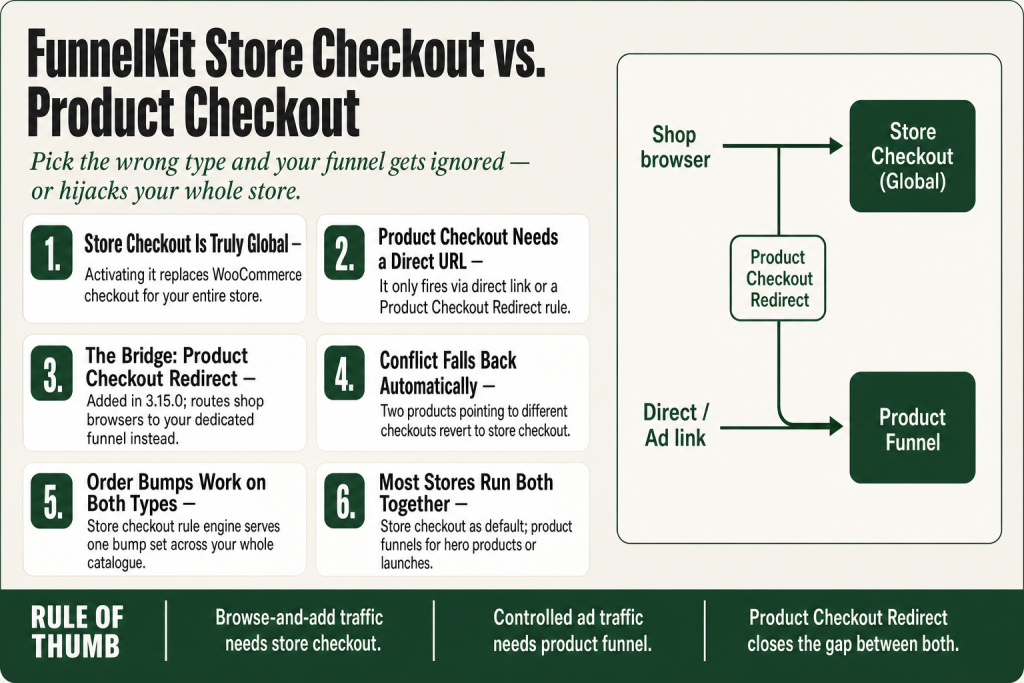 FunnelKit store checkout settings screen next to a product-specific funnel checkout step, showing the two different entry points in the WordPress admin