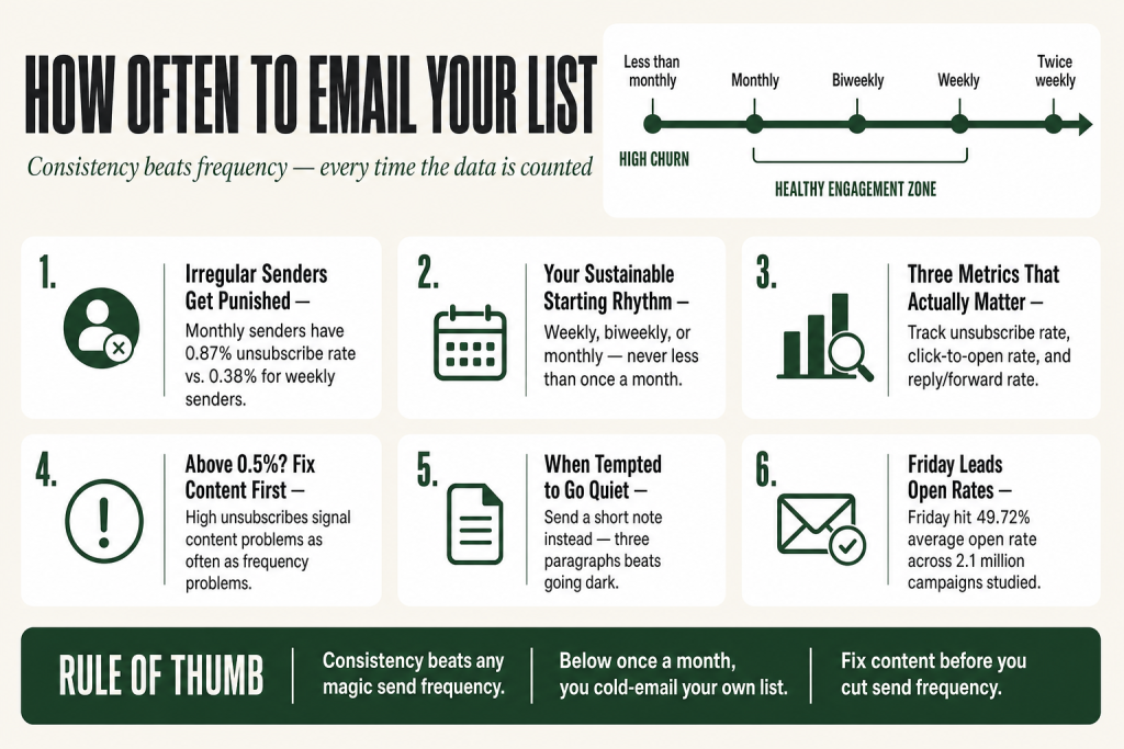 How often to email your list: a simple weekly sending calendar pinned to a cork board, showing one email marked on the same day each week for a month