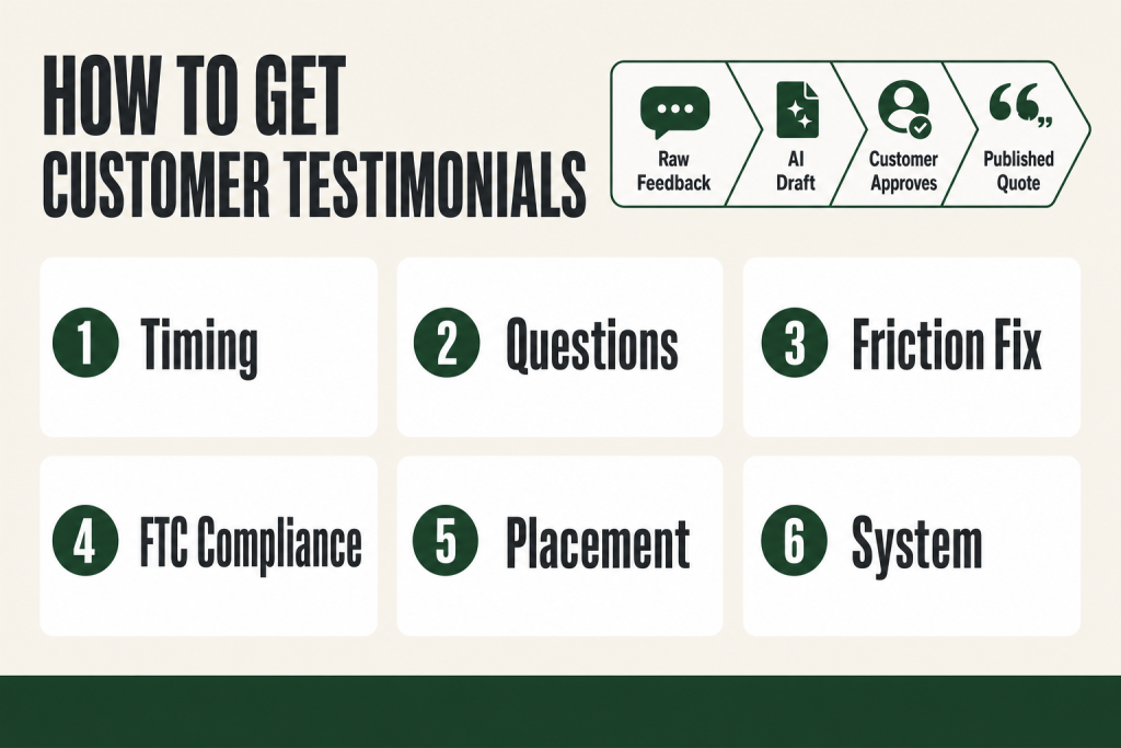 Solo operator at a desk reviewing a short customer testimonial email draft, showing how to get customer testimonials by sending it for client approval