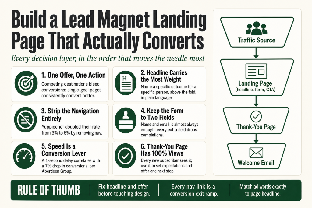 Lead magnet landing page layout on a laptop screen showing a focused opt-in form, benefit headline, and single CTA button with no site navigation