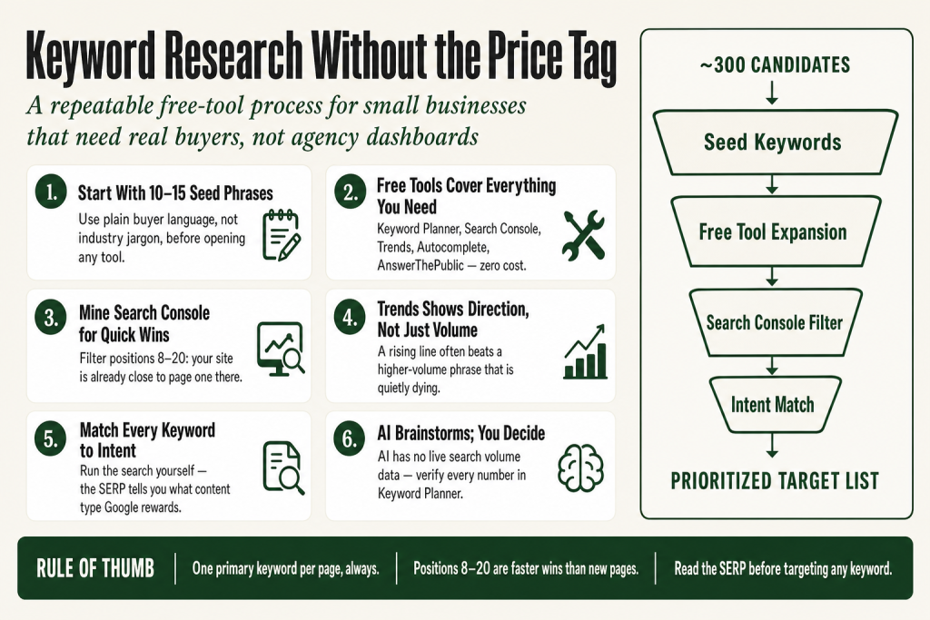 Solo business owner doing keyword research small business style at a laptop, with a plain spreadsheet and Google Search Console open on screen