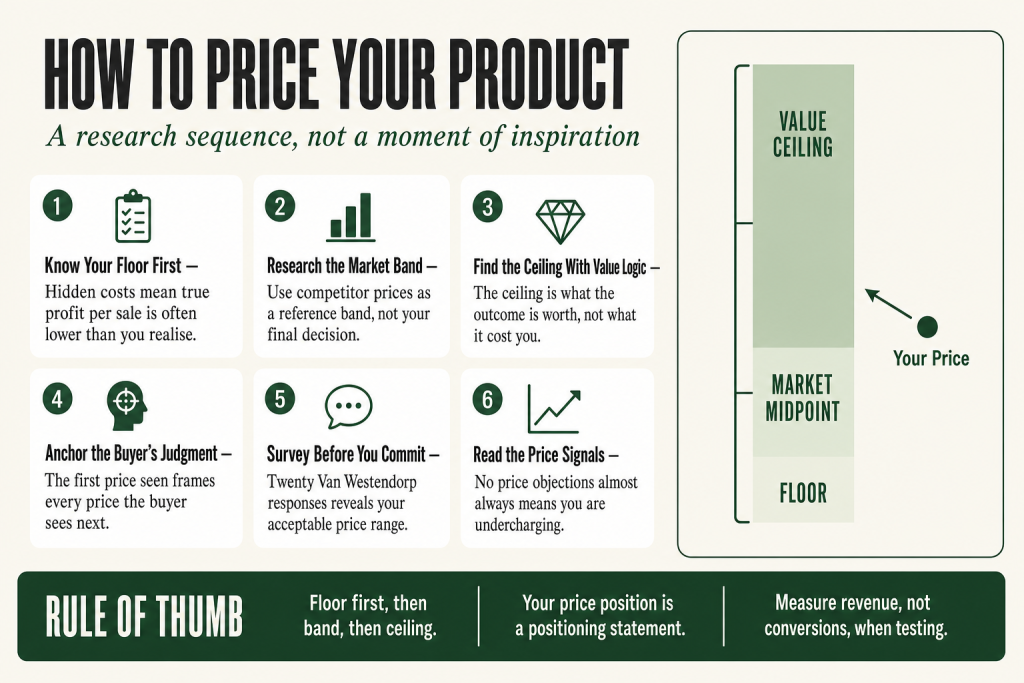 Solo operator writing how to price your product on a whiteboard, with cost floor and market band marked in two colors