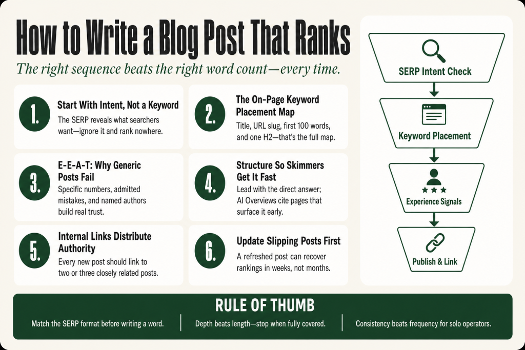 Solo operator at a desk reviewing a blog post draft on how to write a blog post that ranks, with a search results page visible on screen