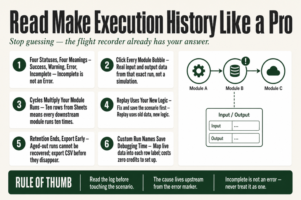 Make execution history tab showing a list of scenario runs with success, error, and incomplete status indicators alongside duration and credits columns