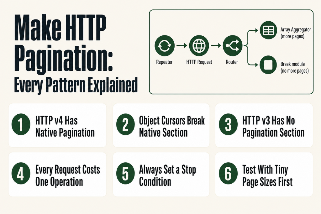 Make HTTP pagination: scenario canvas showing an HTTP v4 Make a request module with the Pagination section open, configured for cursor-based pagination with a stop condition