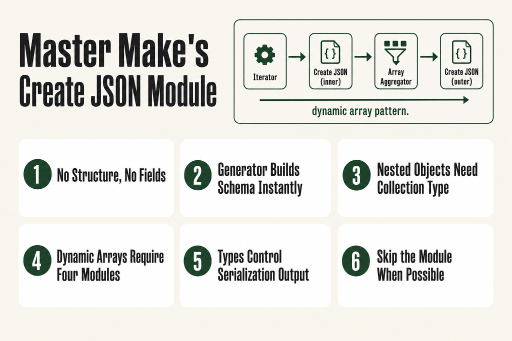 Make (formerly Integromat) make create JSON scenario canvas showing an Iterator feeding a Create JSON module and Array Aggregator to build a nested API payload