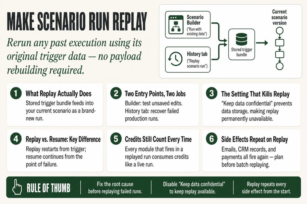 Make scenario run replay: history tab showing past executions with the replay control highlighted next to a failed run